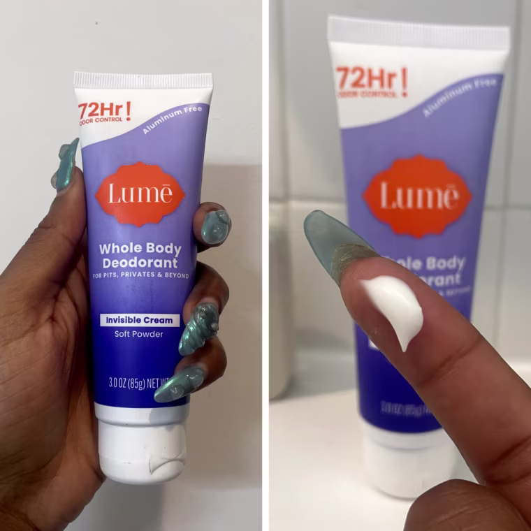 Left - Hand with blue nails holding a tube of cream formula Lume Whole Body Deodorant in Soft Powder against a white wal.
Right - A finger with a small dollop of Lume Whole Body Deodorant at the tip, in front of a tube of Lume Whole Body Deododrant and a trio of air freshener sticks, against a tiled bathroom wall.