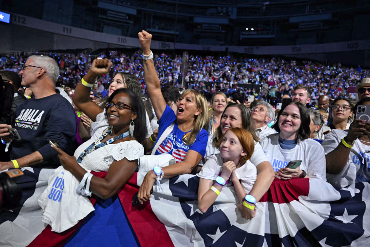 People cheers as Vice President Kamala Harris arrives at a rally in Charlotte, N.C., on Sept. 12, 2024.