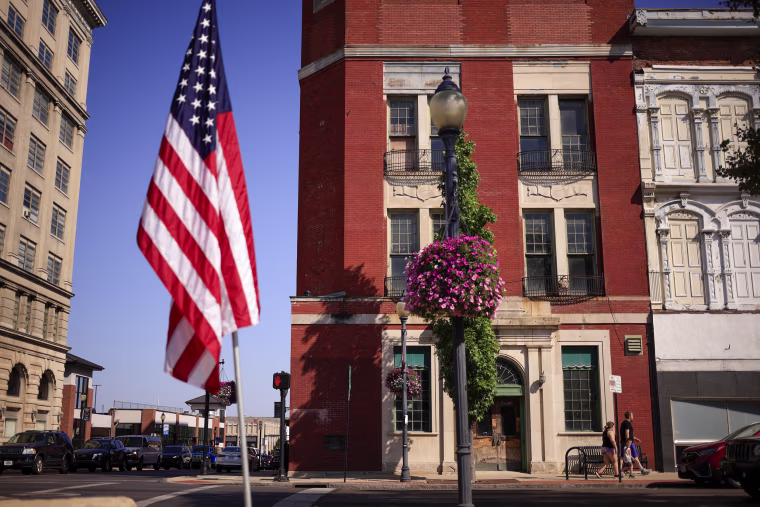 A U.S. flag in a street of Springfield, Ohio.