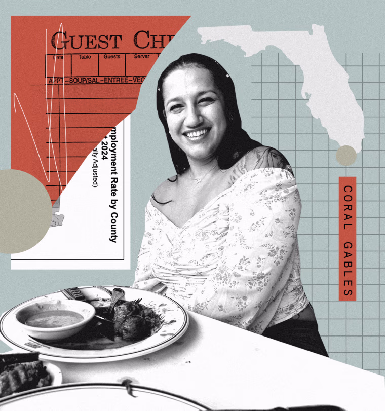 Photo collage of slip of paper that reads "Guest Check" next to an image of a smiling woman at a restaurant table alongside an illustration of the state shape of Florida