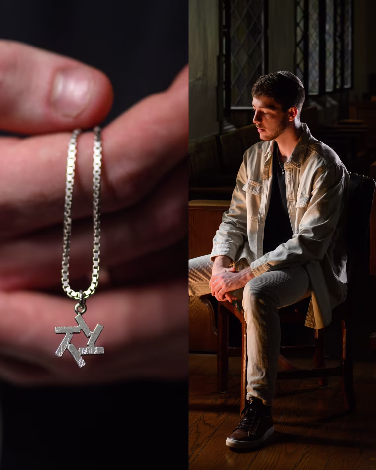 A side by side of Asher Goodwin sitting for a portrait and holding a Star of David