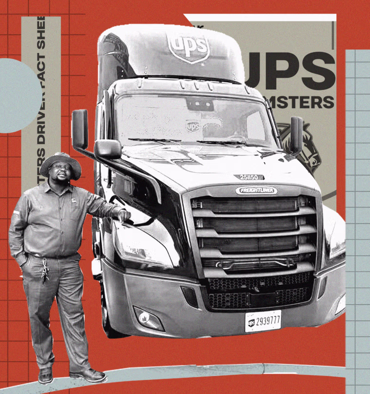 Photo collage of man standing next to UPS truck against orange background; text on the right and left of the frame reads: "Teamster Driver Fact Sheet" and "UPS Teamsters"