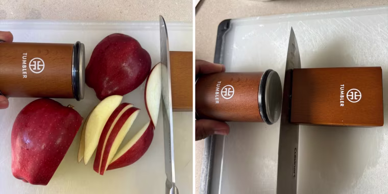 Tumbler knife sharpener on a cutting board with man holding the rolling disc in place.