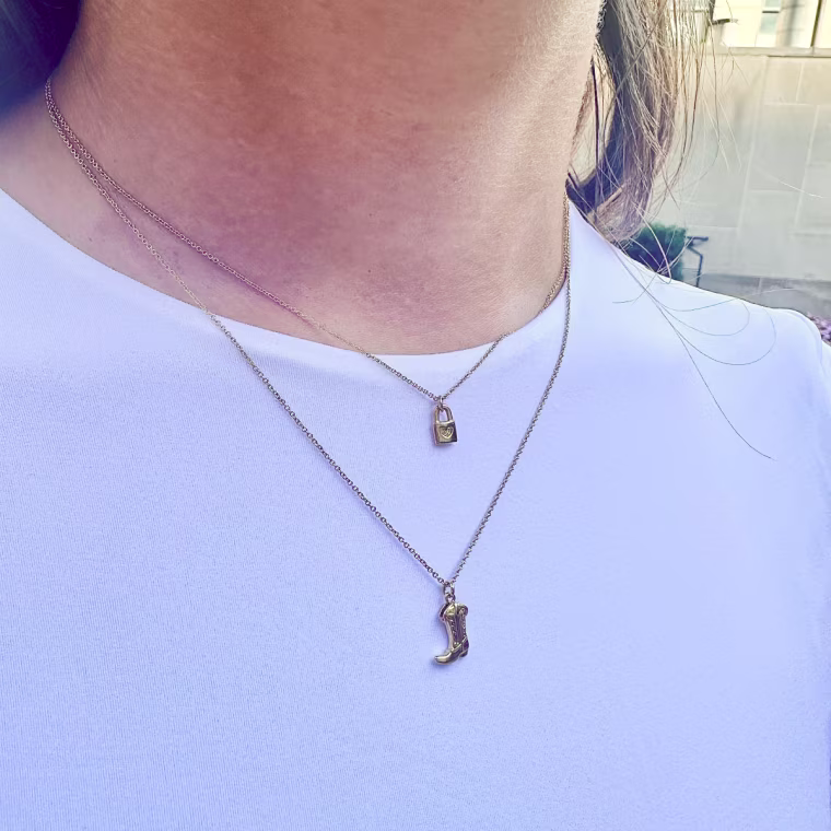 Tiny Tags Lock and Cowboy Boot Necklaces