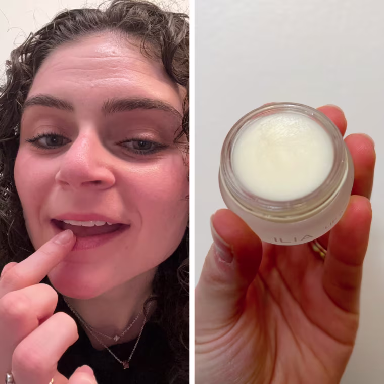 On the left, a woman holds the Ilia Lip Wrap Treatment Mask. On the right, she applies it to her lips using her finger.
