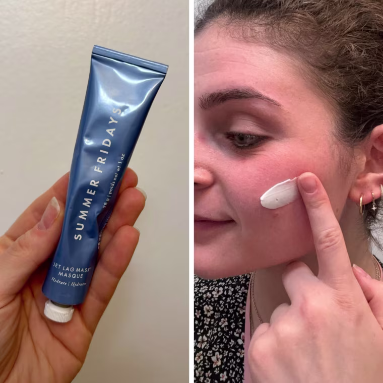 On the left, a woman holds the Summer Fridays Jet Lag Mask in her hand. On the right, she swipes it on her left cheek.