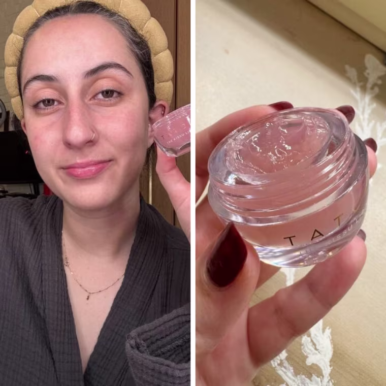 On the left, a woman holds an opened tub of the Tatcha Kissu Lip Mask. On the right, she holds it by her face after applying it to her lips.
