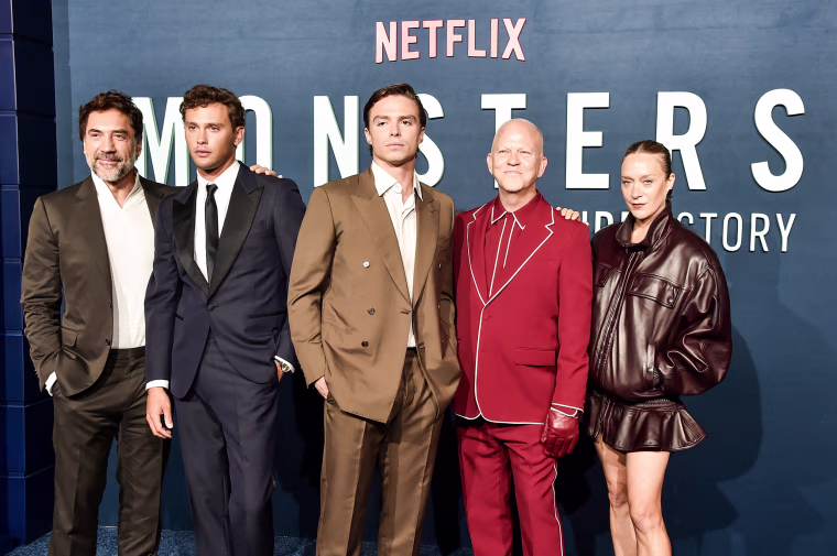 From left; Javier Bardem, Cooper Koch, Nicholas Chavez, Ryan Murphy and Chloë Sevigny at Netflix's "Monsters: The Lyle and Erik Menendez Story" premiere in in Los Angeles, Calif. on Sept. 16, 2024. 