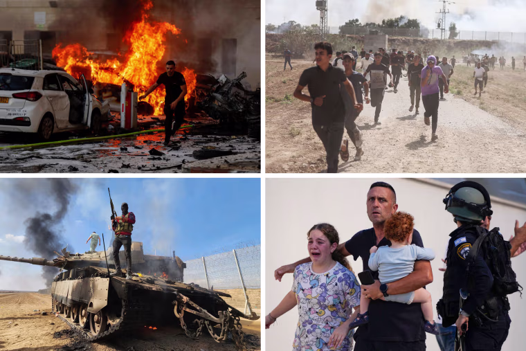 Oct. 7 images clockwise from top left: A Hamas rocket attack on Ashkelon, Israel. Civilians flee for safety in Gaza. An Israeli family evacuates in Ashkelon. A Hamas militant stands on an Israeli tank after forces broke through the border.
