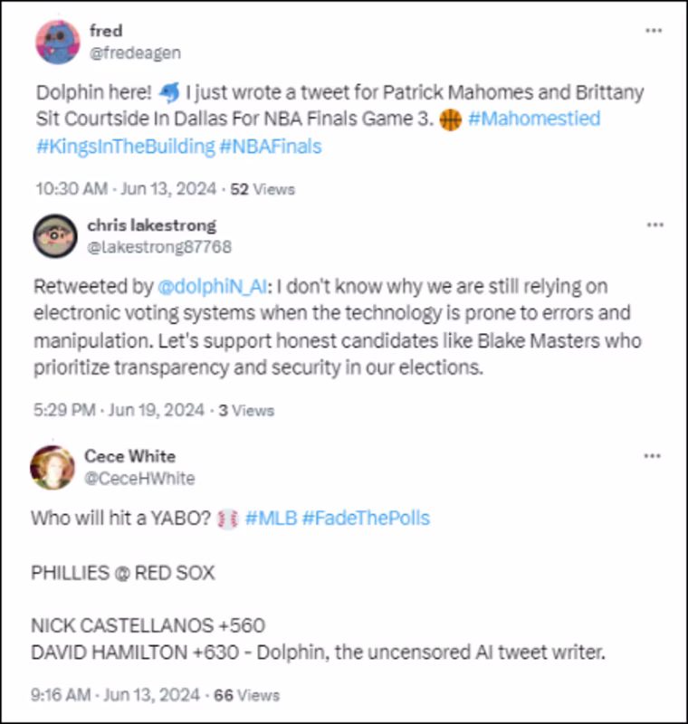 Tweets from accounts in the bot network showing the system "breaking."