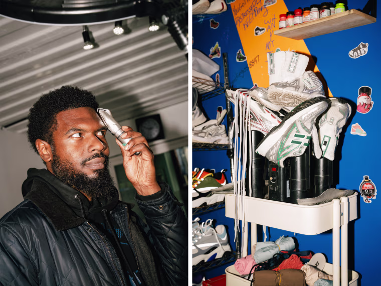 A man gets his hair trimmed at Knife Work barbershop. Shoes from Israel's shoe repair shop.