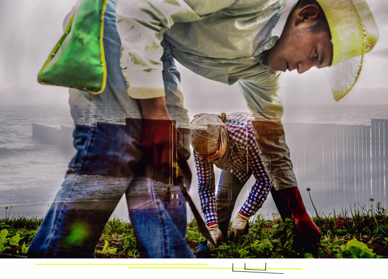 Double exposure of two migrant workers in a field and the U.S.-Mexico border wall.