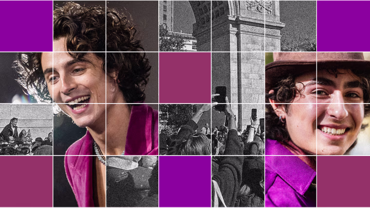 Collage of photos of Timothée Chalamet at the TKTK premiere; fans celebrating Chalamet's arrival; and Miles Mitchell winner of the Timothee Chalamet lookalike contest