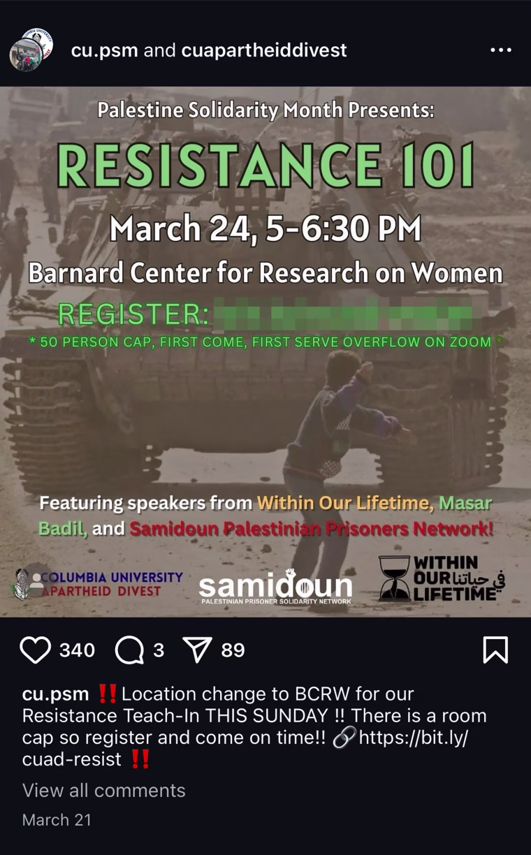 An online flyer posted on the Instagram page of Columbia University Apartheid Divest, an unauthorized student organization known as CUAD, advertises a March 24 webinar that featured Charlotte Kates of Samidoun and other pro-Hamas speakers.