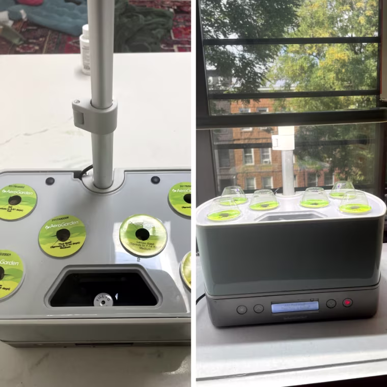 Left: An aerial view of the Aerogarden Harvest Elite with all six seed pod kit labels showing. Right: The Aerogarden Harvest Elite on a window with six freshly planted seed pods and six heat-trapping domes on top of the seed pods.