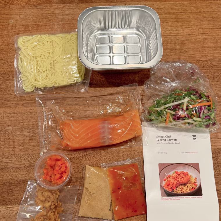 Overhead shot of a Tovala meal kit prior to cooking