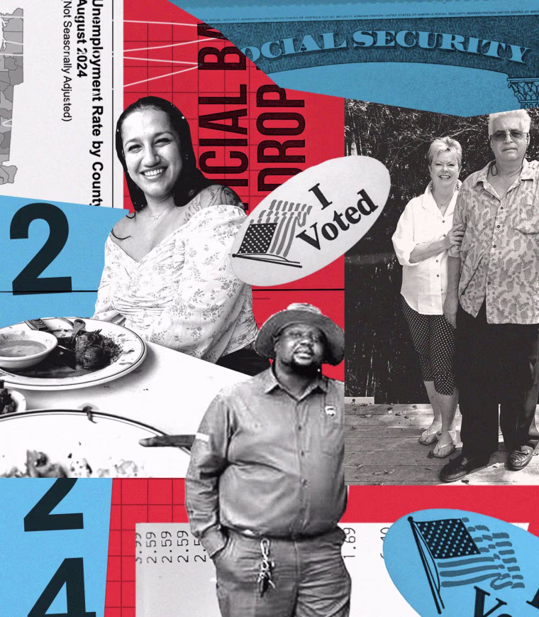 Photo collage of various people surrounded by elements that read "I Voted" and "Social security" and "unemployment rate"
