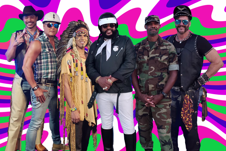 Six members of the Village people stand for a portrait.