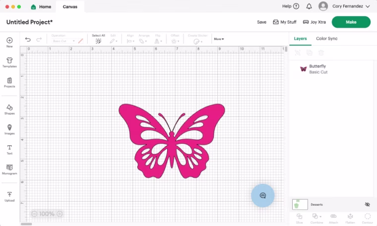 Screenshot of the canvas in the Cricut Design Space with a design of a pink butterfly on the grid.