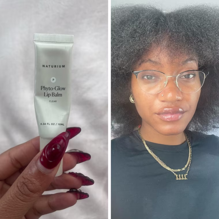 Split image of woman wearing lip balm and woman holding lip balm against a white background