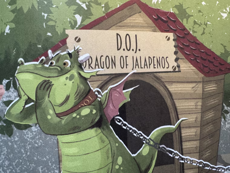 An image of the "Dragon of Jalapenos" from Kash Patel's third children's book, "The Plot Against the King 3: The Return of the King"