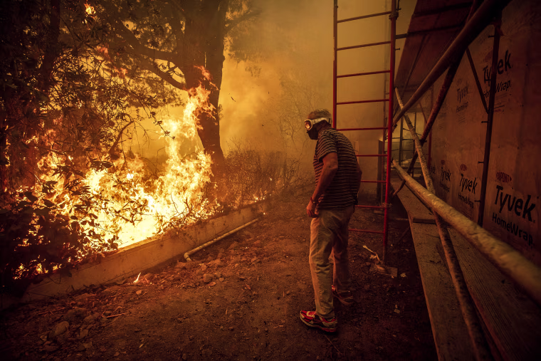 Image: A brush fire burns near homes in Pacific Palisades