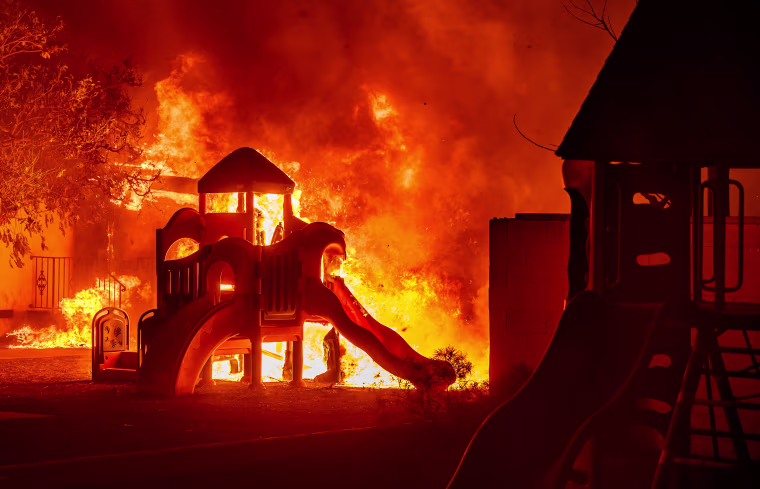 A ferocious wildfire in a Los Angeles suburb devoured buildings and sparked panicked evacuations January 7, as hurricane-force winds tore through the region.