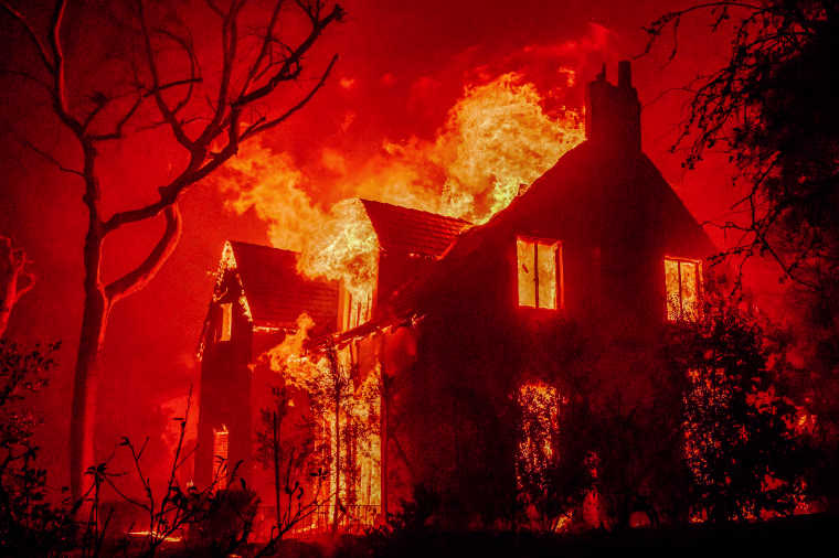 A house in flames.