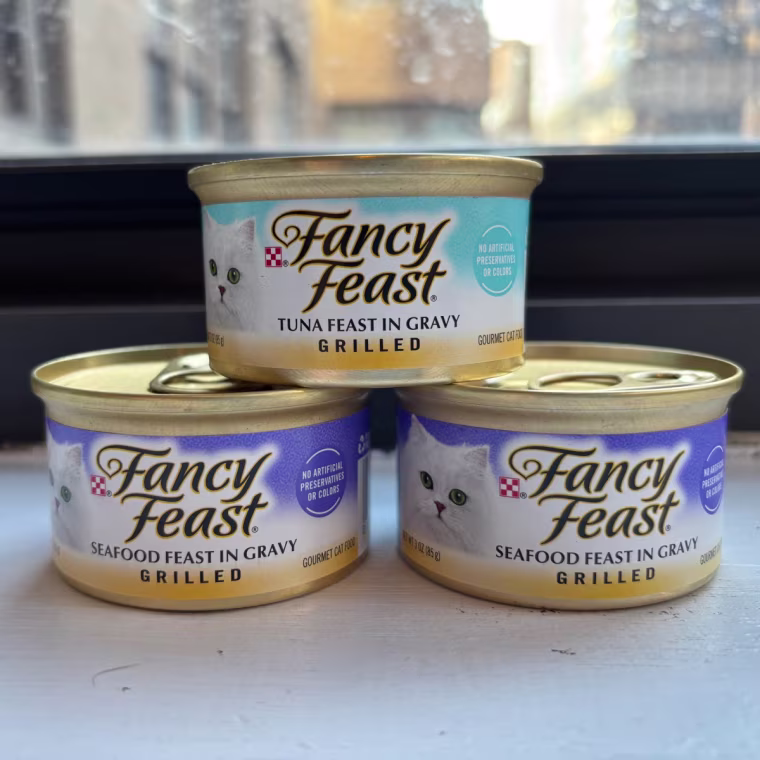 Four cans of Fancy Feast wet cat food stacked up in front of a window.