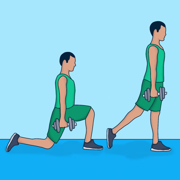 An illustration of a man demonstrating split squats while holding dumbbells.