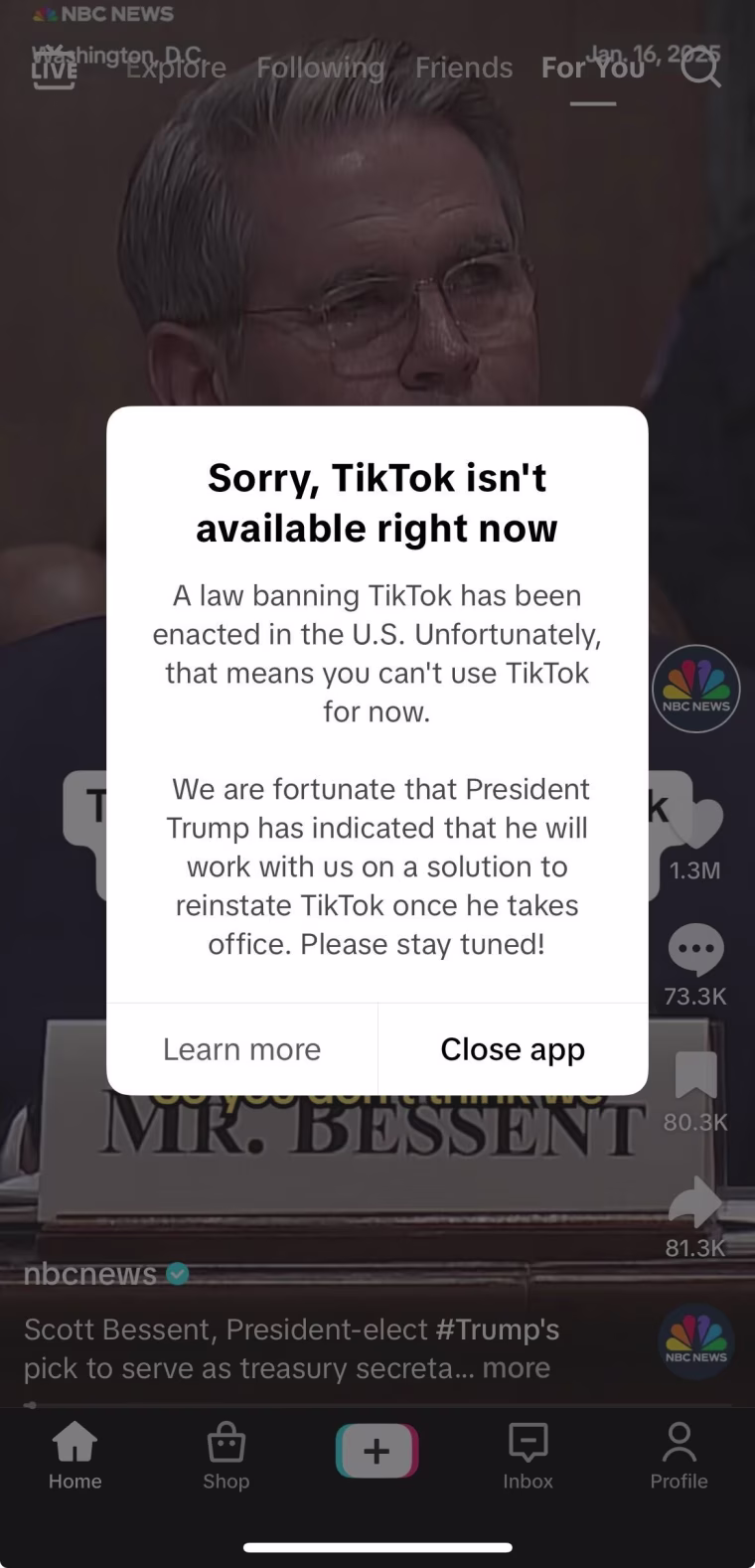 Image: The notice TikTok users are getting when they try to use the app on Jan. 18, 2025.