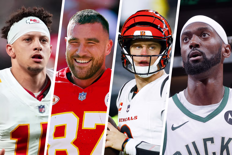 athletes Patrick Mahomes, Travis Kelce, Joe Burrows, and Bobby Portis Jr.