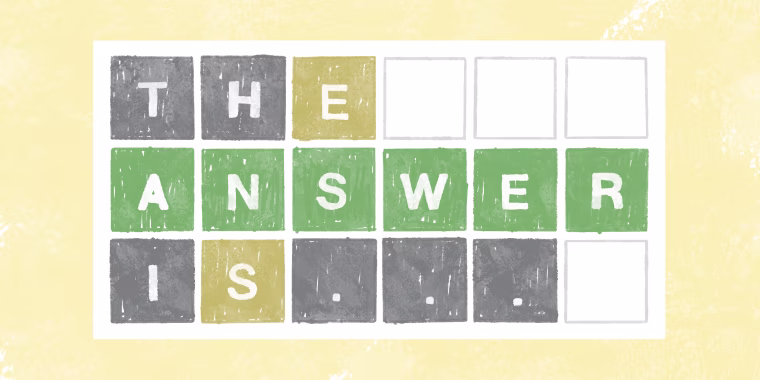 Sketch version of the New York Times' "Wordle" game grid, with three rows of six boxes each. The rows read "The answer is...".