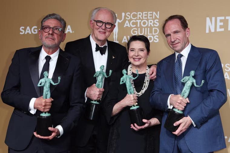 Image: The cast of "Conclave," (from left) actors Sergio Castellitto, John Lithgow, Isabella Rossellini, Ralph Fiennes, with the award for Outstanding Performance by a Cast in a Motion Picture during the 31st Annual Screen Actors Guild Awards.