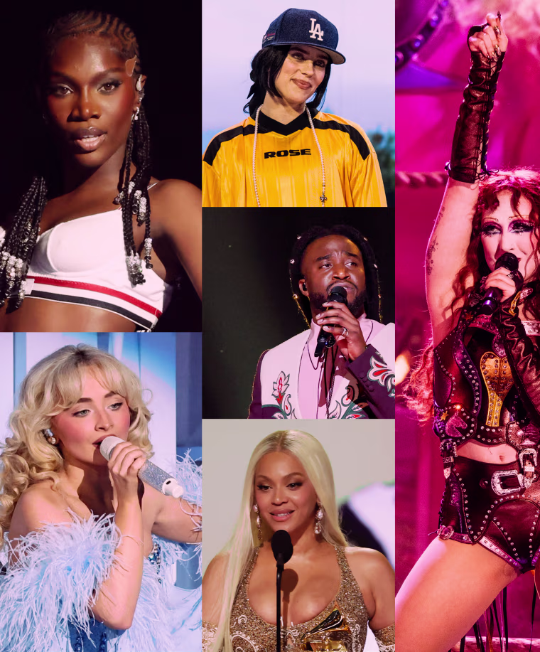 Photo Illustration: Doechii, Billie Eilish, Chappell Roan, Shaboozey, Sabrina Carpenter, and Beyoncé