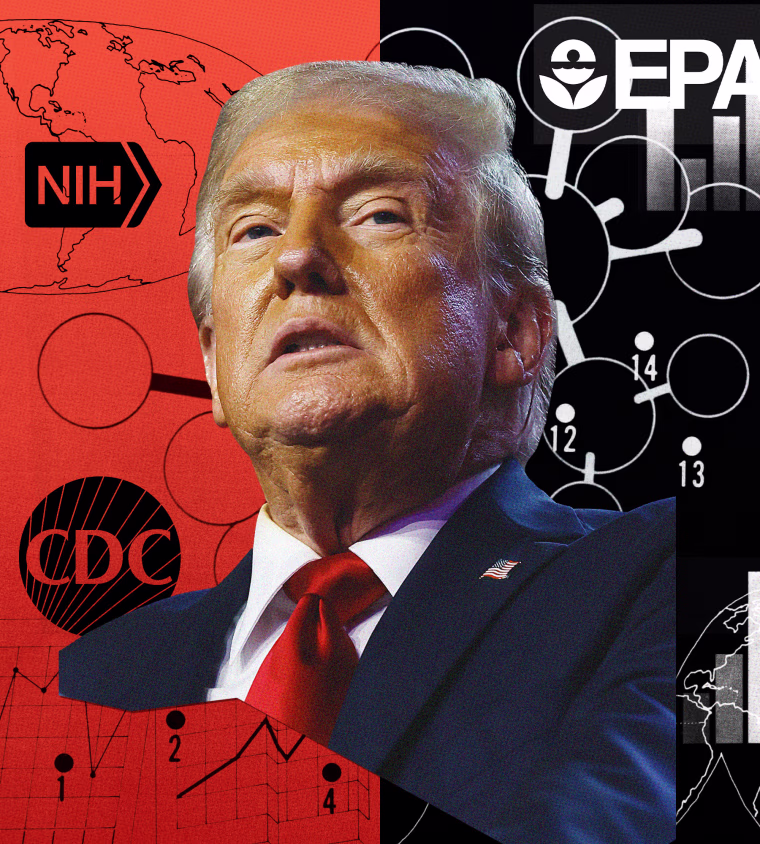 Photo illustration of Donald Trump surrounded by maps, charts, data and logos for EPA, NIH and CDC