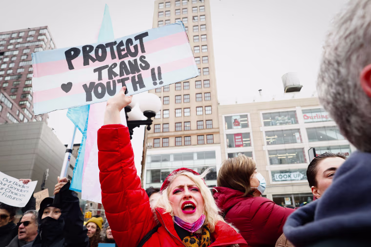 Protesters at the "Rise up for Trans Youth" demonstration at Union Square in New York on Feb. 8, 2025.