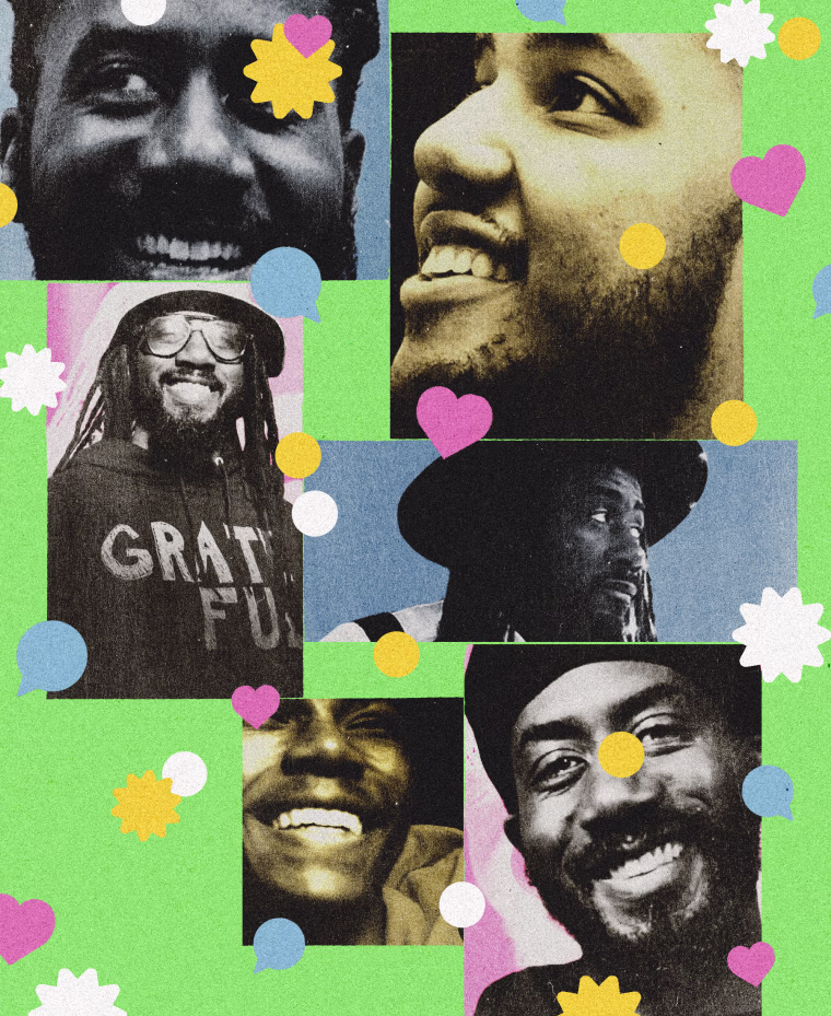 Photo collage in bright colors of images of Black men smiling. Colorful dots, hearts, stars, and comment icons are sprinkled across the image.
