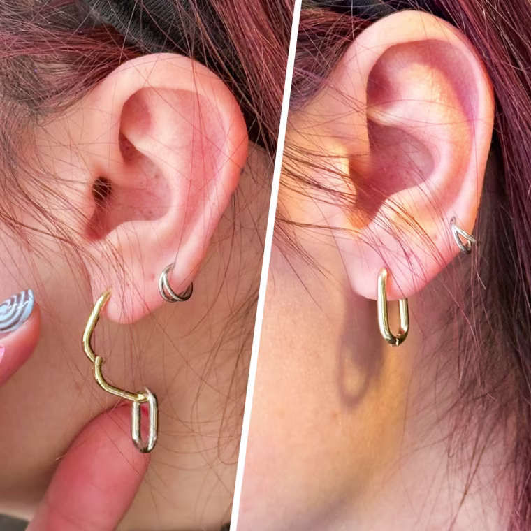 Simply remove the bottom link to turn the Pavoi 14K Two-Toned Convertible Link Earrings from dangles into smaller huggies.