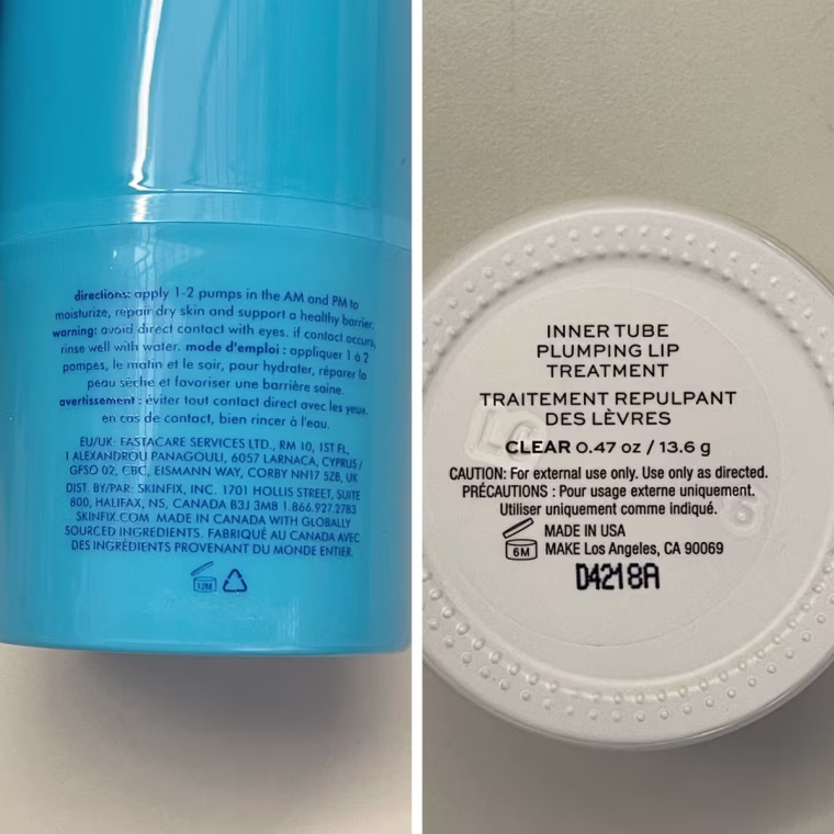 On the left, a skin care product has the PAO symbol with 6M on it. On the right, another product has the PAO symbol with 12M.