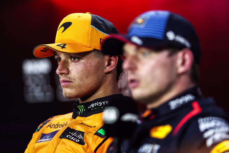 Lando Norris of Great Britain and McLaren and Max Verstappen