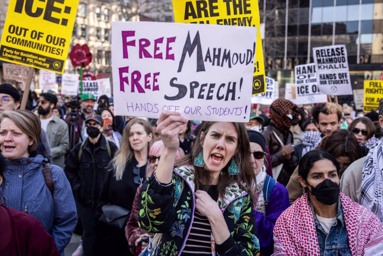 A large crowd of people protest outside, sign in front of the crowd reads "Free Mahmoud! Free speech! Hands off our students!"
