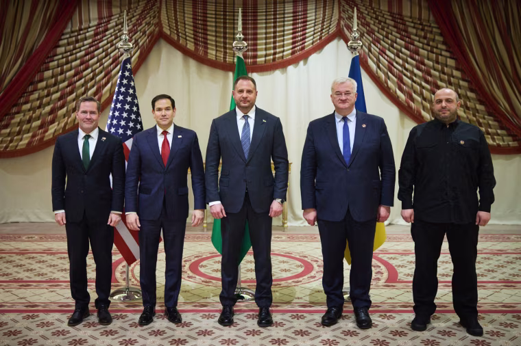 From left: National Security Advisor Mike Waltz and Secretary of State Marco Rubio meeting with Ukrainian officials Andriy Yermak, Andrii Sybiha and Rustem Umerovin Jeddah, Saudi Arabia on March 11, 2025.