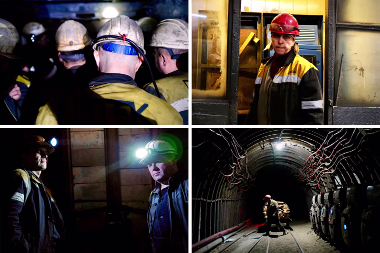 Workers head down the shaft at the DTEK coal mine in Ukraine’s Pavlohrad region Thursday.
