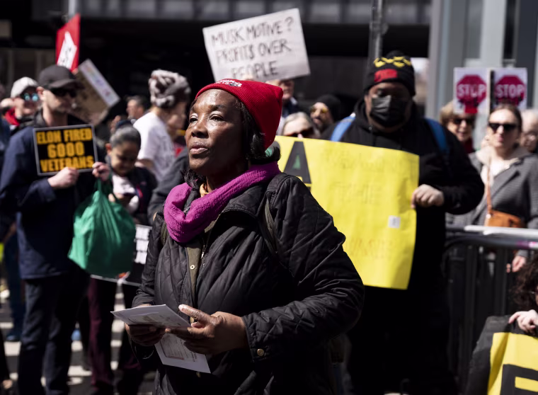 Winsome Pendergrass speaks at a protest outside a Tesla showroom in New York on Saturday.