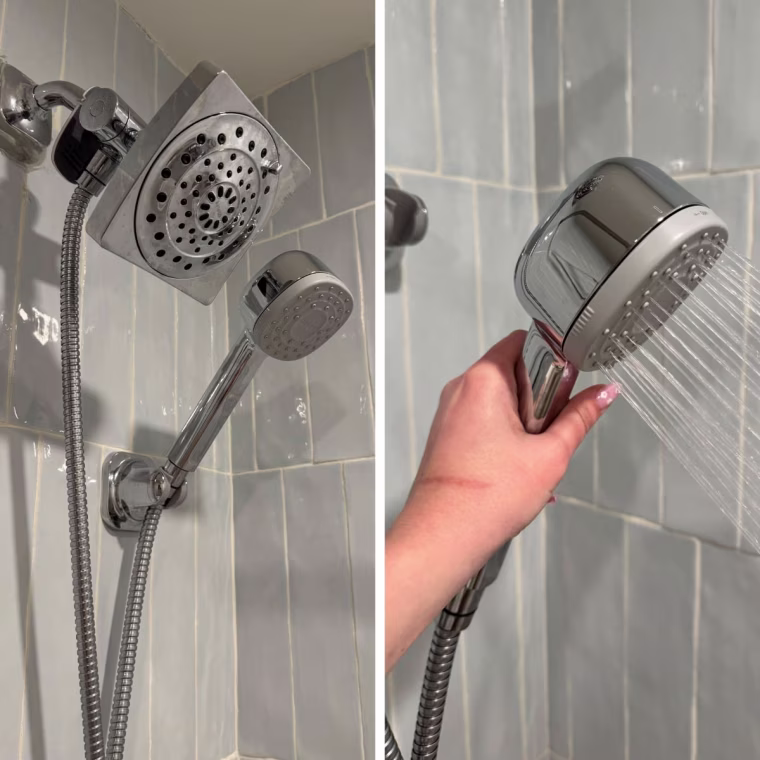 A showerhead with Canopy’s Handheld Filtered Showerhead next to it, left, and a woman’s hand holding Canopy’s Handheld Filtered Showerhead off of its base.
