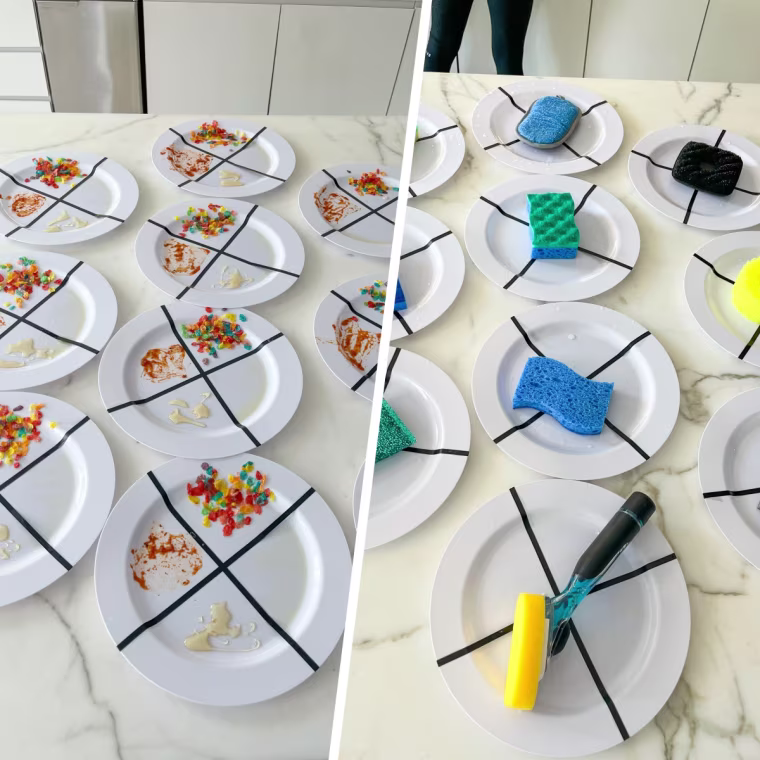 Testing each sponge's scrubbing power.