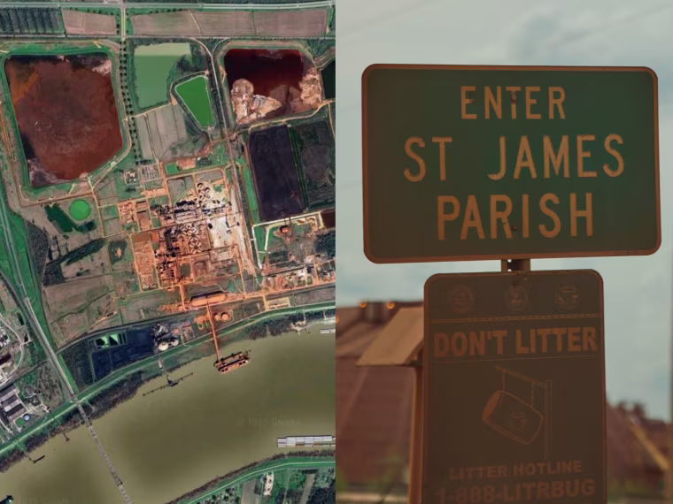 A satellite view of the Atlantic Alumina plant on the Mississippi River and rust-colored dust on a sign near the plant.