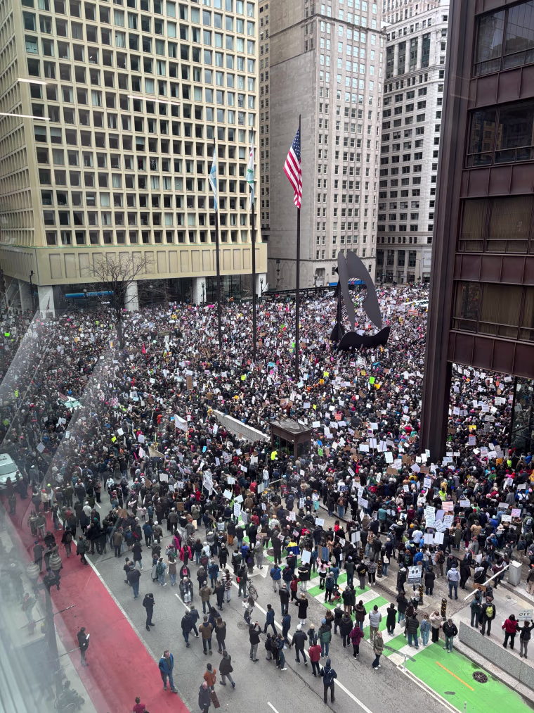 Thousands gather for "Hands Off" in Chicago to protest Donald Trump and Elon Musk policies.
