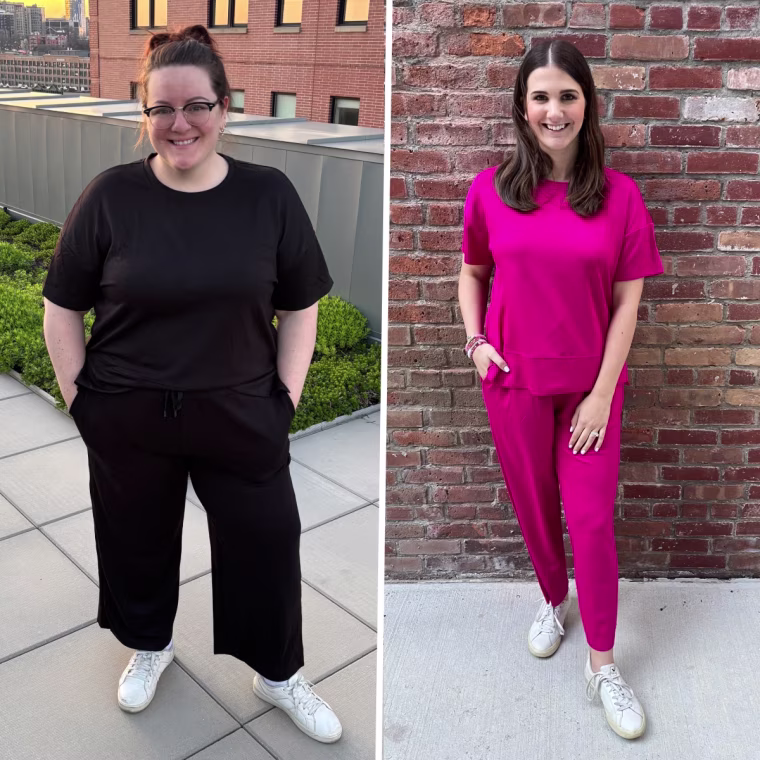 Producer Francesca Ciammaichelli and editor Kelly Vaughan try the Pinspark 2-Piece Short Sleeve Lounge Set.